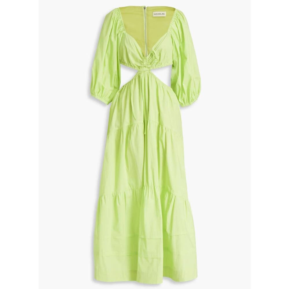 Nicholas Cotton Poplin Green Balloon Sleeve Midi Dress